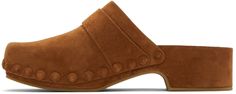 Suede slip-on loafers in tan. · Strap at vamp · Covered studs at welt · Leather logo patch in brown at footbed · Covered block heel · Treaded rubber outsole · Heel: H2 in Supplier color: Ochre delight Chloe Clothing, Brown Loafers, Leather Logo, Luxury Streetwear, Saddle Bags, Heeled Mules, Patch Logo, Block Heels, Apparel Accessories