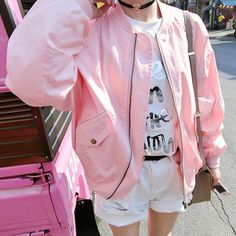 Pastel Pink Outfit, Harajuku Pink, Moon City, Bomber Jackets, Baseball Jacket, Harajuku Fashion, Japan Fashion, Pink Outfit, Japanese Fashion