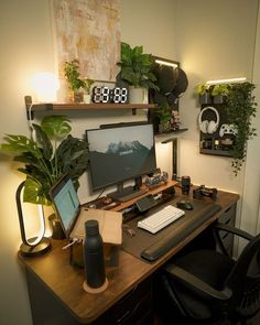 a desk with a computer monitor, keyboard and mouse on it next to a potted plant