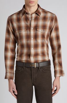 Brushed cotton woven in large-scale checks furthers the easy-wearing comfort of a Western-inspired shirt that's kicked up in style with pearlescent snaps. 31 1/2" length (size 43) Front snap closure Spread collar Long sleeves with snap cuffs Chest snap-flap patch pockets 100% cotton Dry clean Made in Italy Designer Clothing Brown Collared Western Shirt, Western Plaid Shirt, Men’s Western Shirt, Western-themed Cotton Shirt With Button Closure, Vintage Brown Cotton Flannel Shirt, Western Shirt, Western Shirts, Brushed Cotton, Cotton Weaving