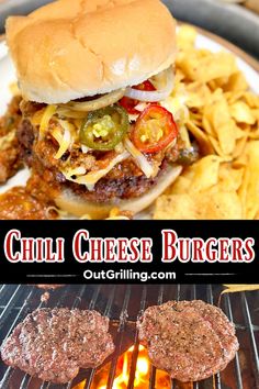 grilled cheese burgers and chips on the grill with text overlay that reads chilli cheese burgers