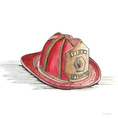 a drawing of a fireman's hat sitting on top of a red plate