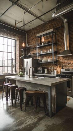 Go bold with industrial kitchens! Exposed brick, metal accents, and concrete elements bring an edgy, urban feel to your home. #IndustrialDesign #LoftLiving #ModernKitchen #UrbanStyle #HomeDecor Industrial Modern Kitchen, Loft Style Kitchen, Kitchen Refurbishment, Warehouse Living, Airbnb Decor, Industrial Kitchen Design, Industrial Style Kitchen, New York Loft, Loft Decor