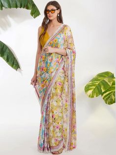 Multicolor Summer Print Saree With Unstithced Blouse (Set of 2) By Devyani Malhotra now available at Trendroots Floral Print Saree, Pearl Border, Blouse Stitching, Pearl Work, Indian Drama, Collection Ideas, Saree For Women, Print Saree, Georgette Blouse