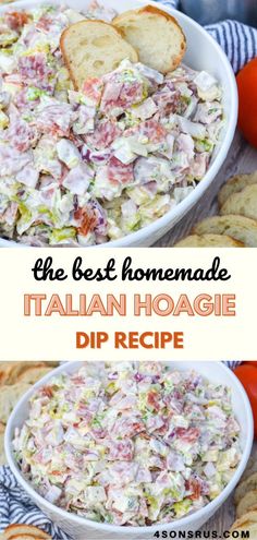 the best homemade italian hoagie dip recipe in a white bowl with crackers