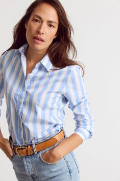 The perfect-fitting boyfriend shirt. Slightly oversized and totally on trend. Wear it with the sleeves scrunched up, unbuttoned low and tucked in. We love this 90's-inspired look, updated for this century with The Shirt's No Gape® button technology. PF - Boyfriend w/ Pocket PF - Boyfriend w/ Pocket - Blue Thick Stripe (Angel 0350 010063) Classic Shirt With Spread Collar For Day Out, Trendy Office Shirt With Spread Collar, Trendy Spread Collar Shirt For Spring, Trendy Shirt With Spread Collar For Spring, Classic Shirt With Rolled Sleeves For Day Out, Trendy Shirt With Relaxed Fit And Spread Collar, Trendy Shirt With Shirttail Hem For Daywear, Trendy Spread Collar Tops For Day Out, Trendy Tops With Spread Collar For Day Out