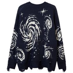 The cold weather is officially here, which means it’s time for you to add a few winter sweaters to your wardrobe, or maybe more than a few. Everyone needs an oversized sweater in their wardrobe, and this high-street wool-blend sweater is perfect. A large black hole pattern of starry sky covers the top of the knitted sweater, how mysterious and fantastical. The whole design adds a touch of streetwear. Even if you do not have a high demand for clothes, you will look at them more than once! So, cho Ripped Sweater, Cozy Knit Sweater, Jacquard Sweater, Star Sweater, Retro Mode, Style Noir, Jacquard Knit, Pattern Sweater, Knit Fashion