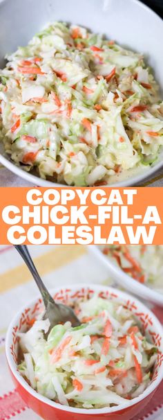 a bowl filled with coleslaw next to another bowl full of coleslaw