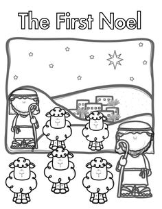 the first noel coloring page with sheeps in front of him and his baby jesus