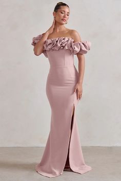 Esmeralda | Blush Pink Structured Statement Bardot Maxi Dress Bridesmaid Dresses With Ruffles And Fitted Bodice, Bridesmaid Dresses For Prom Season With Short Sleeves, Bridesmaid Short Sleeve Dresses For Prom Season, Elegant Ruffled Maxi Dress For Prom, Bridesmaid Evening Dress With Fitted Bodice And Short Sleeves, Fitted Maxi Dress With Ruffle Hem For Wedding, Short Sleeve Bridesmaid Dress For Prom, Elegant Prom Dress With Ruffles In Maxi Length, Elegant Maxi Length Gown With Ruffles