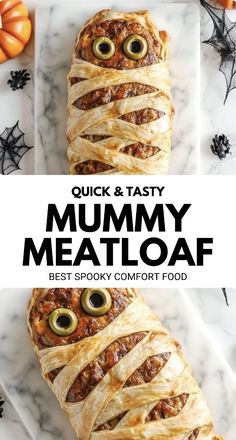 an image of a meatloaf with olives on it and the words, quick & tasty mummy meatloaf best spook comfort food