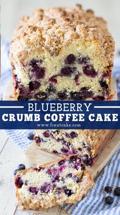 blueberry crumb coffee cake is cut in half and sitting on a cutting board