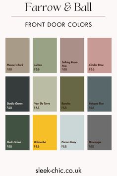 the farrow and ball front door colors are shown in various shades, including green, yellow