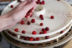 a person placing cranberries on top of a machine