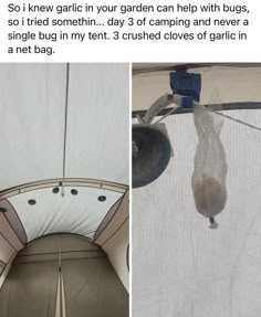 the inside of a tent with mosquito netting hanging from it's ceiling and an image of a net bag