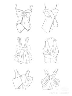 four different types of bras with bows on the back and sides, all drawn in pencil