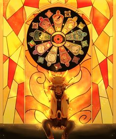 a person sitting on the ground in front of a stained glass window with an image of a wheel