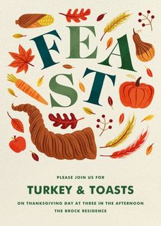 a thanksgiving card with the words feast st on it and an image of turkey and toasts