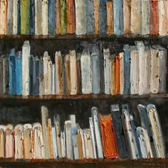 an oil painting of books on a book shelf