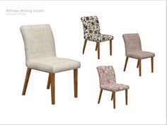 four different colored chairs with wooden legs and fabric upholstered seat covers on them