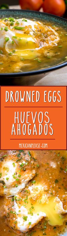 an egg dish is shown with tomatoes in the background and text overlay that reads, browned eggs huevoos alogados