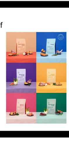 four different images of food on display with the same color scheme as well as text