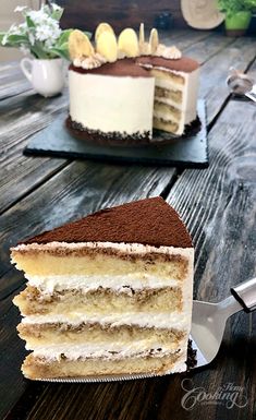 a piece of cake sitting on top of a wooden table