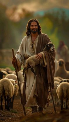 jesus walking with his sheep in the field