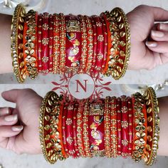 Get Ready To Reveal Your True Beauty With Rajwadi Style Red & Orange Chuda Set. Prettified With High Quality Glass Kundan. Center Piece Is Beautified With Rajwadi Style Hand Painting.Be An Angel And Create A Splendid Impact On Everyone By Wearing This Gorgeous Design. This is a set of 30 Bangles (15 For Both Hands). Heavy Red Traditional Wear For Festive Occasions, Festive Red Chandbali Bridal Set, Bollywood Style Red Bridal Sets With Pallu, Red Bollywood Bridal Sets With Zari Work, Red Bollywood Bridal Sets With Pallu, Red Festive Bracelets For Navratri, Red Kundan Bridal Sets With Stone Work, Red Tilla Jewelry For Marriage, Traditional Red Chandbali Bridal Sets