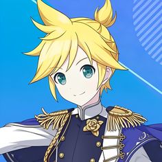 an anime character with blonde hair and green eyes wearing blue clothes, standing in front of a