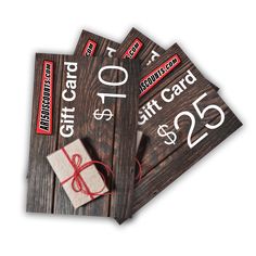 four gift cards with red string tied to them