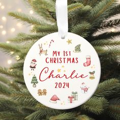 a personalized christmas ornament hanging from a tree