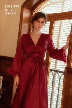 Satin Feather Trim Robe Silky Satin Bridal Nightgown Bridesmaids Feather Trim Robe Wedding Feather Trim Nightgown Satin Finish V-neck Sleepwear For Party, V-neck Satin Finish Dress For Night, Long Sleeve Satin Dress For Loungewear, Party Sleepwear With Satin Finish And V-neck, Satin Finish V-neck Party Sleepwear, Satin Long Sleeve Sleep Dress, Long Sleeve Satin Sleep Dress, V-neck Dresses With Satin Finish For Wedding Night, Satin Finish V-neck Dress For Wedding Night