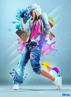 a woman in jeans and a hat is dancing with colorful paint splatters on the background