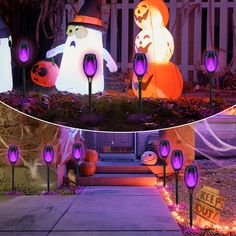 halloween yard decorations with purple lights and snowmen on the ground in front of a house