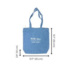 a blue bag is shown with measurements for the front and back side, which are also labeled