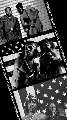 four black men are standing in front of an american flag and the words hip hops written on it