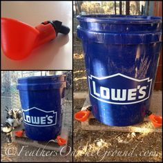 there is a blue bucket with an orange handle on it and two pictures of the same one