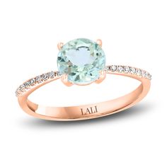 A mesmerizing round natural aquamarine gemstone shimmers with elegance in the center of this gorgeous women's ring from the Lali Jewels Collection. Brilliant round diamonds line the tapered-shank band to complete the look. Fashioned in 14K rose gold, the total diamond weight is 1/15 carat. Jared The Galleria Of Jewelry, Aquamarine Engagement Ring, Aquamarine Gemstone, Natural Aquamarine, Bridal Rings, Aquamarine, Beach Wedding, Women Rings, Round Diamonds