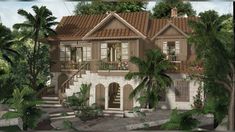 an artist's rendering of a house with palm trees in the foreground and stairs leading up to it