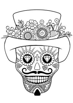 a sugar skull wearing a top hat with flowers on it's head, black and white