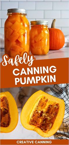 two jars filled with canned pumpkins sitting on top of a counter next to each other