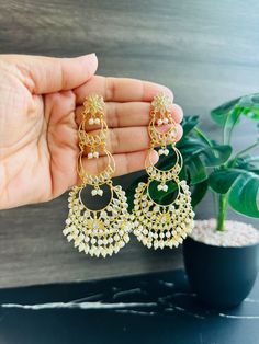 14k Gold plated White Three layered Chandbali Jhumka earrings. Light weight. Earrings Kundan, American Diamond Necklaces, Oxidized Necklace, Types Of Earrings, Earrings Indian, Western Earrings, Jhumki Earrings, Kundan Earrings, Indian Earrings