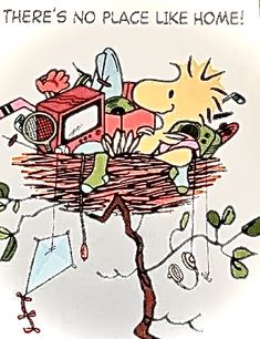 there's no place like home with snoopy and his dog in the basket