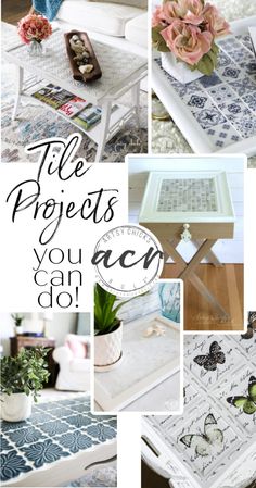 many different pictures with the words tile projects you can do on them and flowers in vases