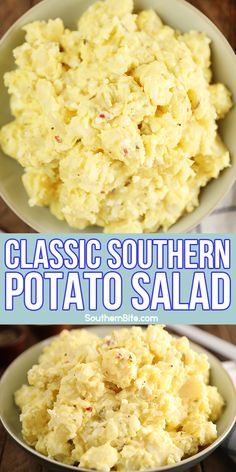 two bowls filled with potato salad and the words classic southern potato salad in blue letters