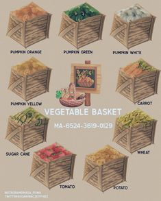 a poster with different types of vegetables in it's wooden boxes and instructions on how to use them