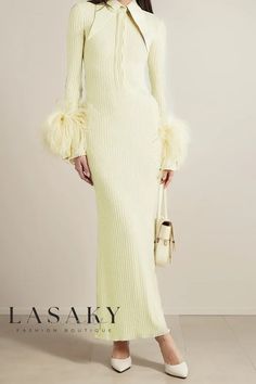 Lasaky - Chic Maxi Dress in Yellow with Long Sleeves, Stand-up Collar, Feather-Trimmed Cuffs, and a Stylish Bow Belt Long Bandage Dress, Feather Cuffs, High Waist Long Skirt, Ribbed Maxi Dress, Yellow Long Sleeve, Long Knitted Dress, Maxi Dresses Fall, Maxi Knit Dress, Knit Midi Dress