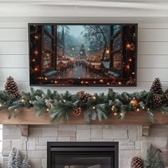 a fireplace decorated for christmas with pine cones and lights