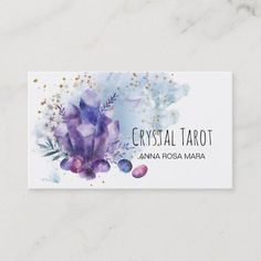 a business card with purple flowers and stars on the bottom, in watercolor style